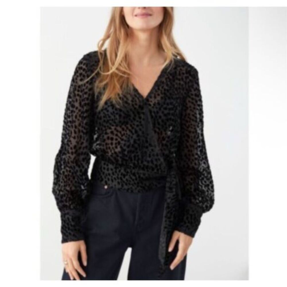 & Other Stories Devore Wrap Blouse Top Womens Small Black Velvet Mesh Tie Waist